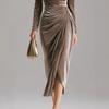 European and American women's clothing, casual velvet sexy new long-sleeved, thin pleated long split hip-wrapped dress