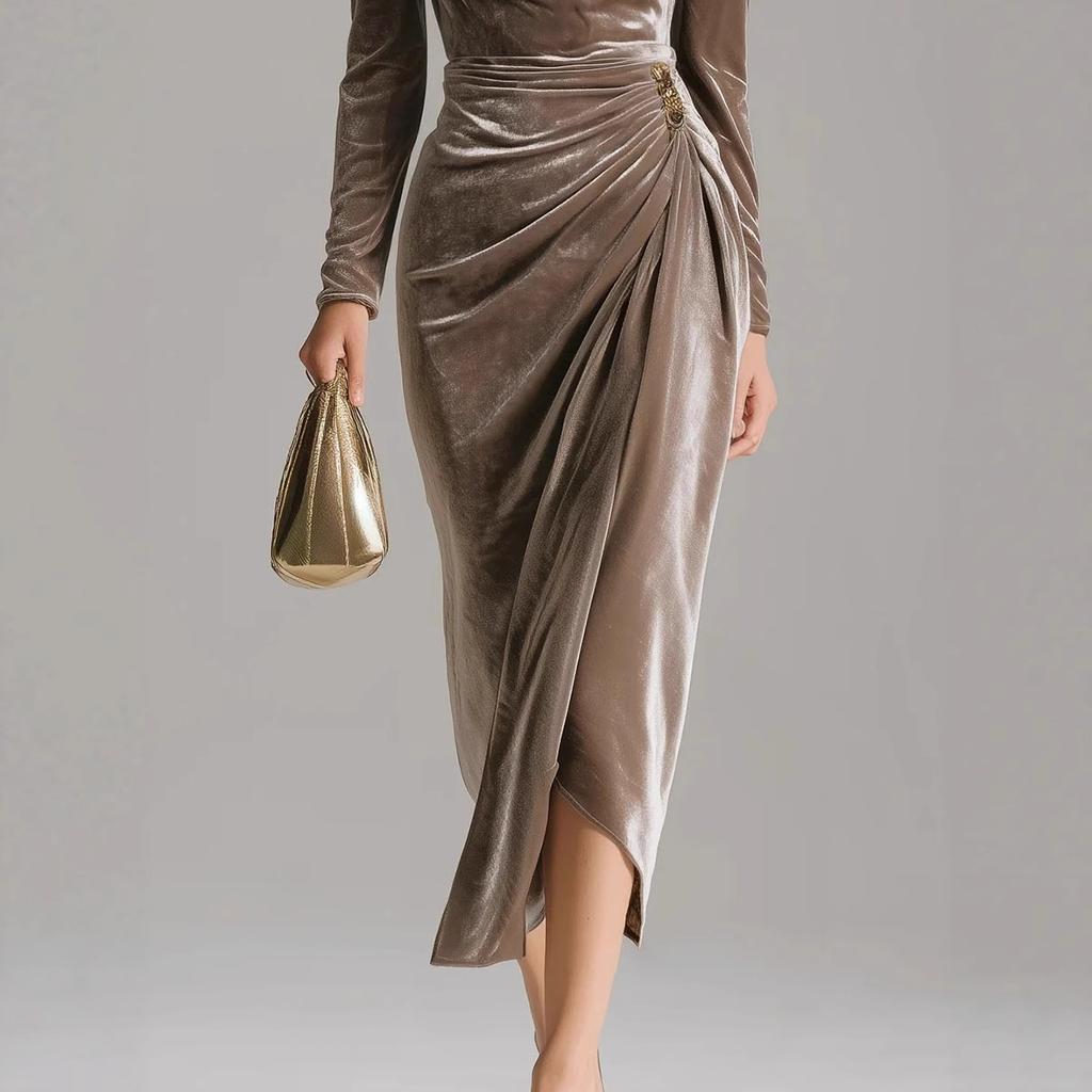 European and American women's clothing, casual velvet sexy new long-sleeved, thin pleated long split hip-wrapped dress