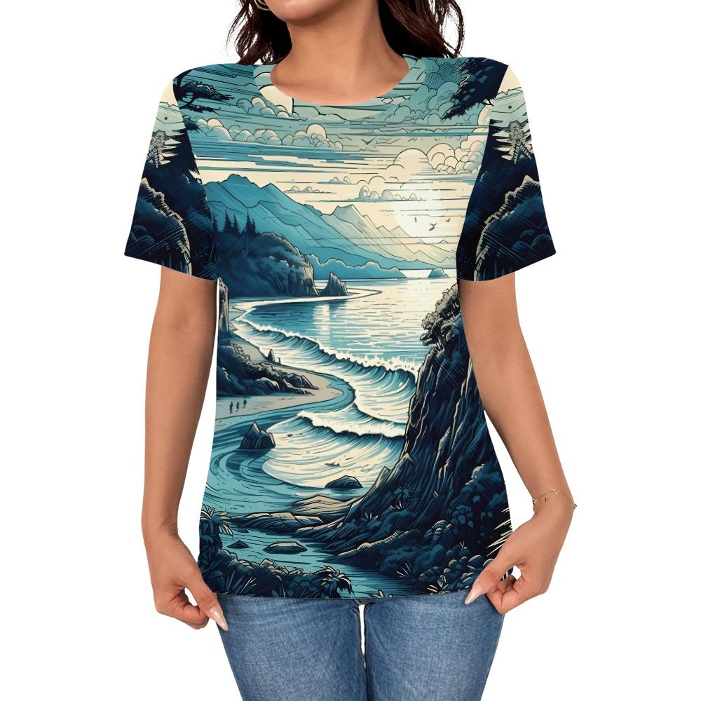 Women s casual, fashionable, simple personalized, artistic landscape 3D printed short sleeved top, women s trendy outfit T-shirt S