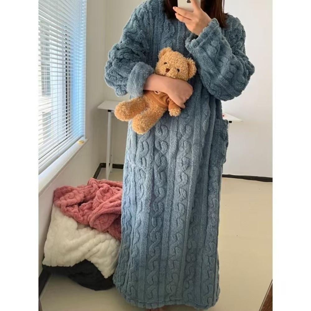 Coral Fleece Jacquard Pajamas Set Women Autumn Winter Fleece Thickened Warm Crew Neck Cable Knit Loungewear Wearable Outside