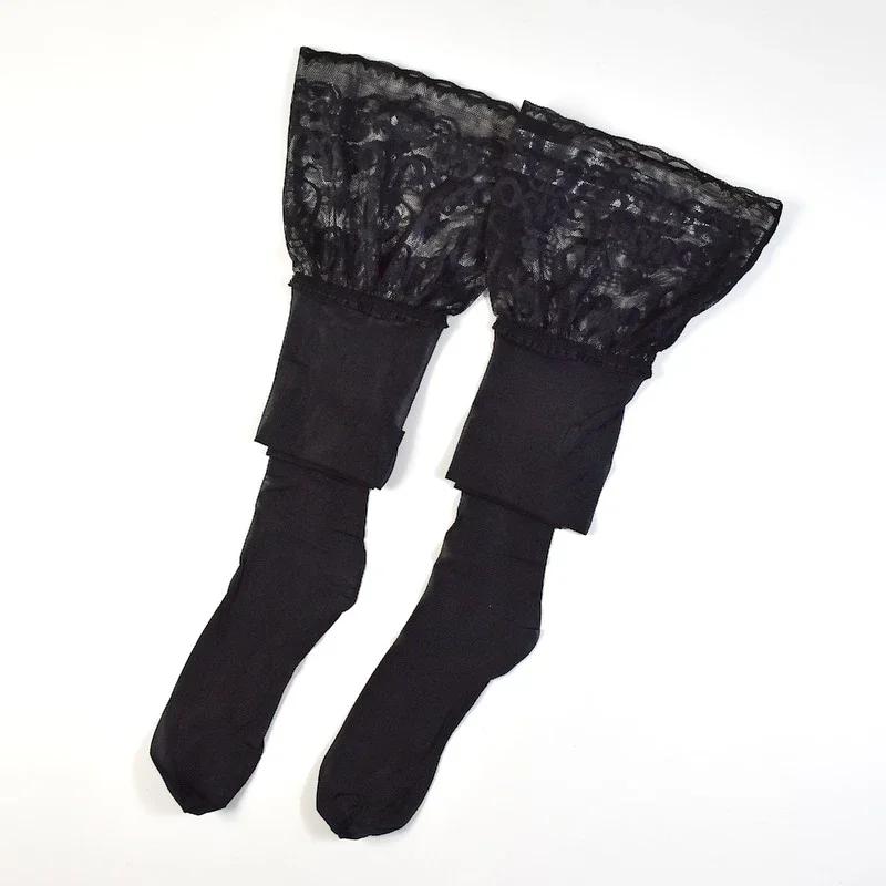 Sexy 5D Ultra Thin Transparent Medias De Mujer Wide Lace Top Silicone Hold Up Thigh High Stockings Oil Shiny Party Club Hosiery