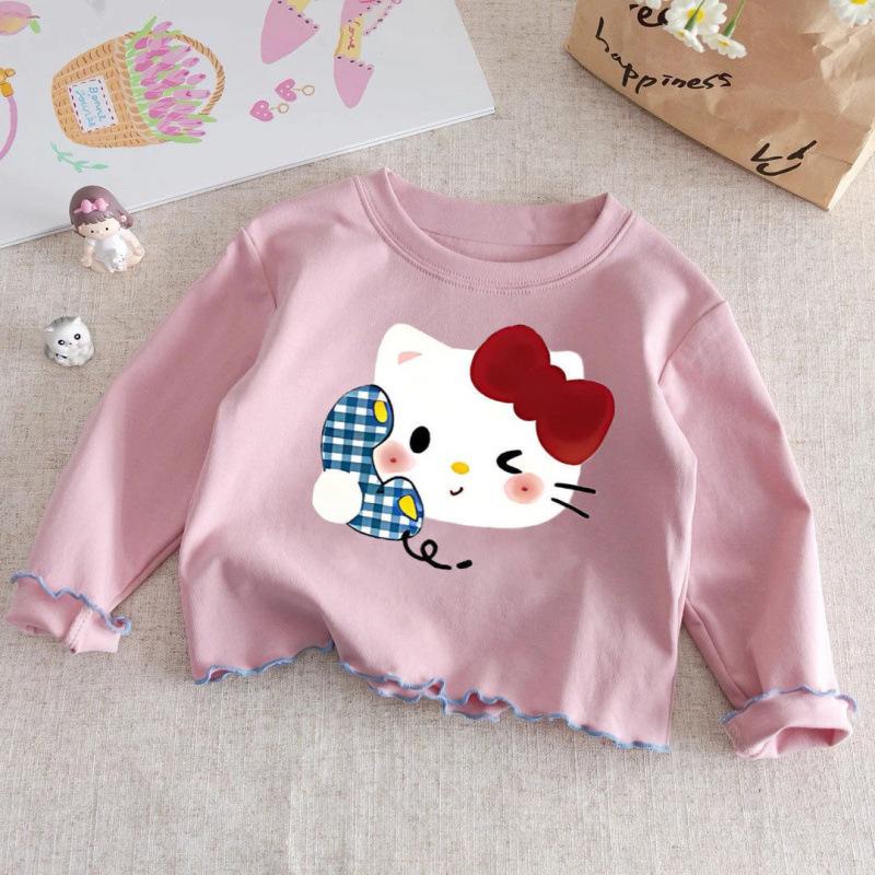 Girls Cotton Long Sleeve T Shirt Cute Cartoon Print Ruffle Crew Neck Base Layer Top For Autumn