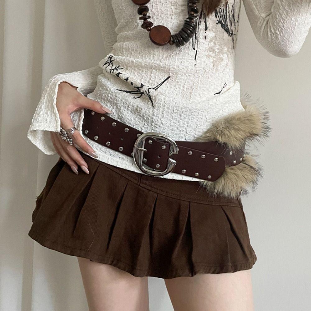 Rivet Leather Fur Belt Faux Fur Plush Belt Vintage Y2K Waistband  Daily