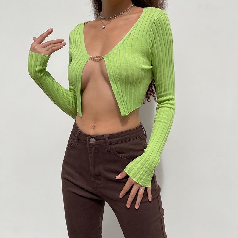 Knitted Cropped Sweaters Women Chain V Neck Long Sleeve Cardigan Tops Pullovers Oversized Clothes Solid S-L