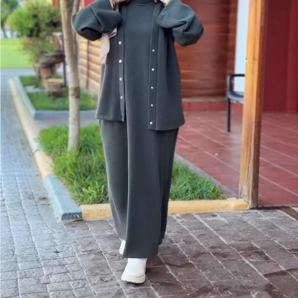 2025 cross-border European and American autumn new cardigan temperament button coat waist knitted hip skirt women's clothing