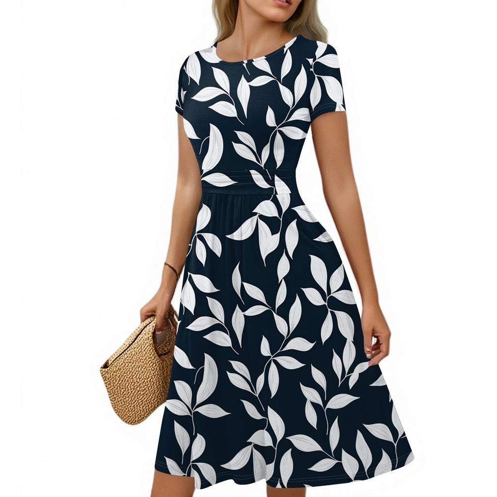 Damen Freizeitmode Rundhals Plissee Kurzarm Retro Floral A-Linie Midi Kleid