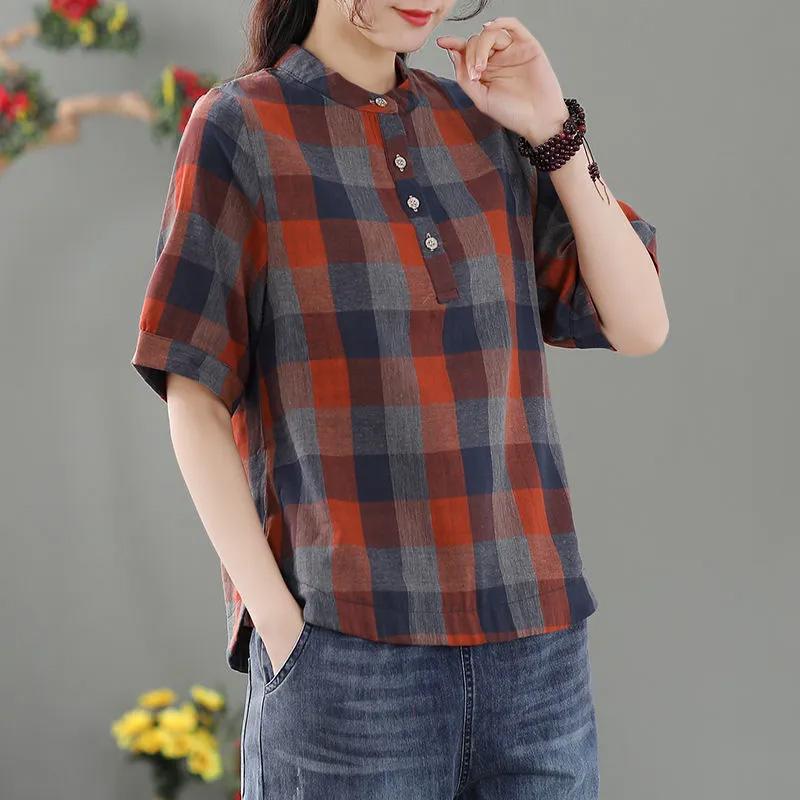 Tops Women Cotton Summer Large Size T-shirt Loose Vintage Plaid Casual Top Casual Pullover T-shirt Top