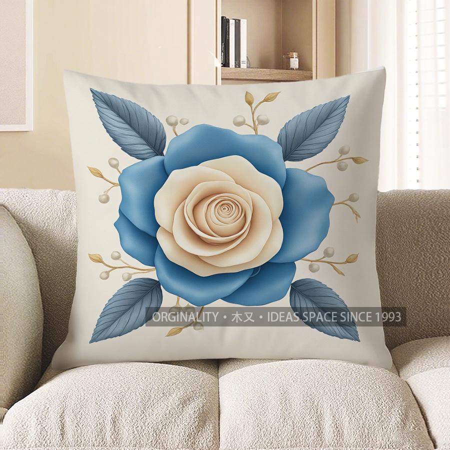 Home Decor Blue & Beige Floral Throw Pillow Cover Pattern Cushion Cover Suitable For Sofa Bedroom Car Pillow Cover