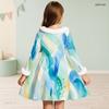 Girls Fur Trim High Neck Long Sleeve Watercolor Printed A Line Flared Dress With Waist Bow