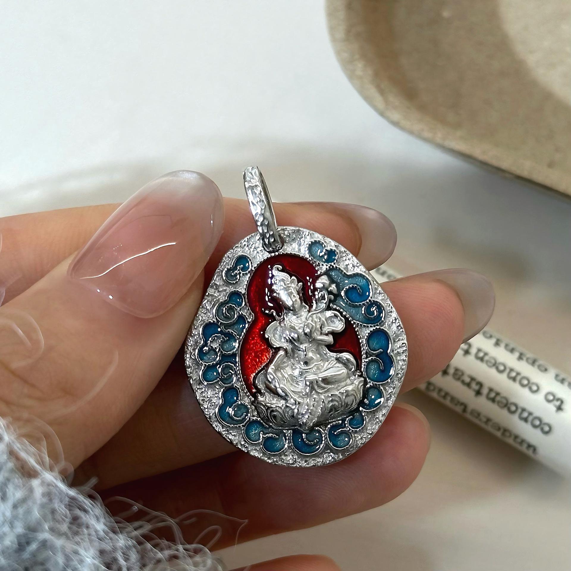 

S925 Sterling Silver Green Tara Enamel Pendant, Double-Sided Tibetan Buddha Amulet 925 Silver