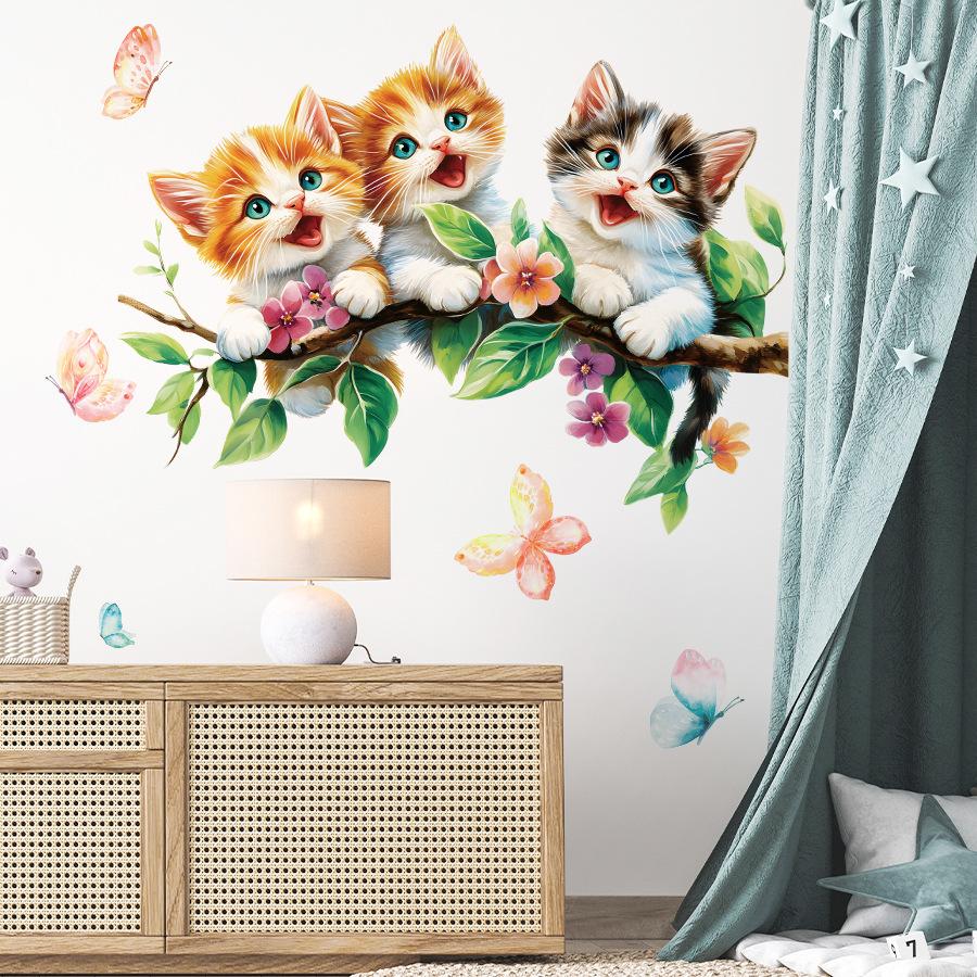 1Pc Watercolor Cartoon Cute Cat on Tree Branch Wall Stickers for Kids Room Decoration Wall Decals Bedroom Decoration Home Decor