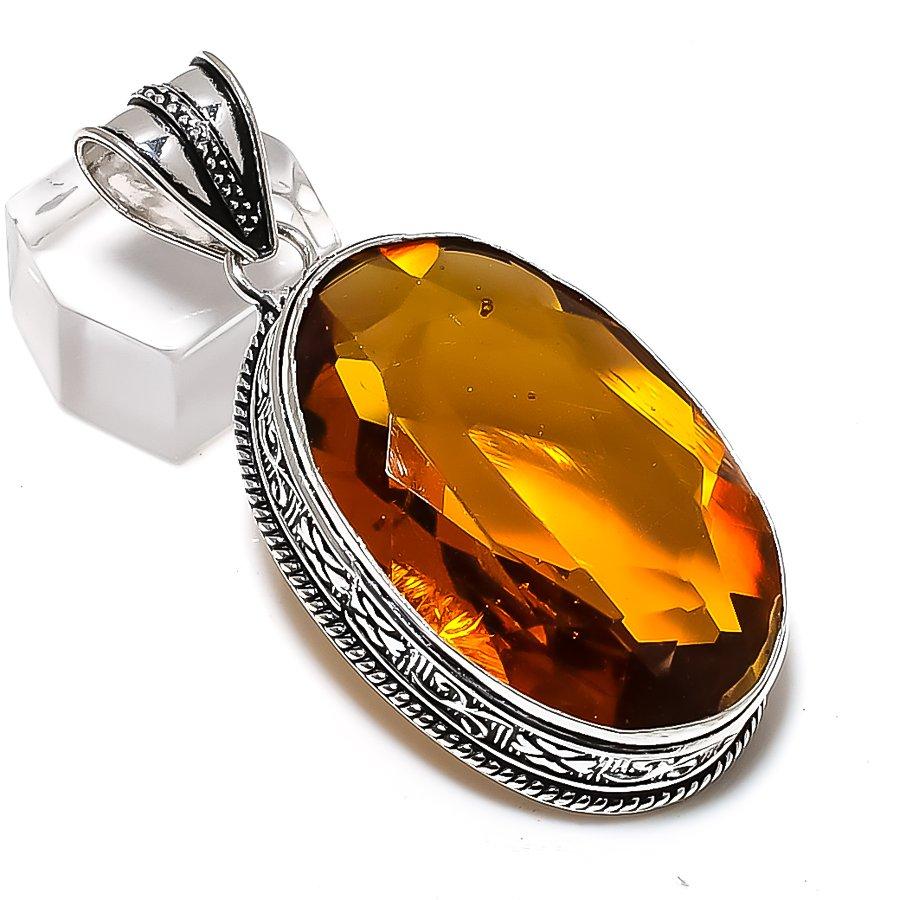 Natural Honey Topaz Gemstone Handmade 925 Sterling Silver Pendant 2.29" Q2O68
