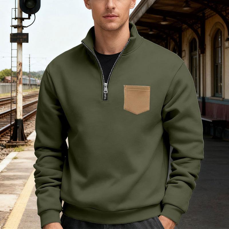 New Autumn/Winter Heavyweight Fleece-Lined Oversized Solid-Colour Patch Pocket Half-Zip Stand-Up Collar Men's Sweatshirt