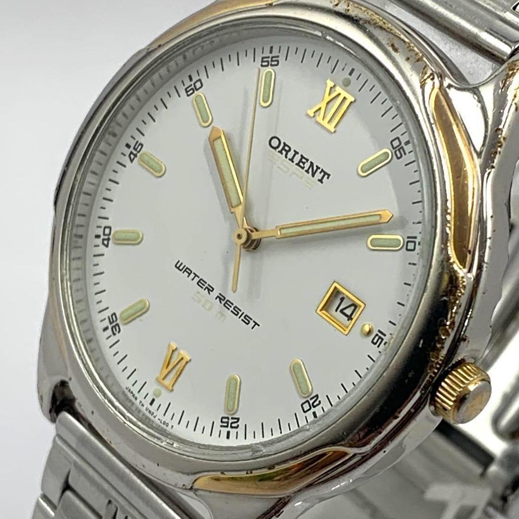 Used 773 [Battery Replaced and Cleaned] Working Item ORIENT Men's Watch Orient White Date QZ Type Screw Pack WATER RESIST Popular