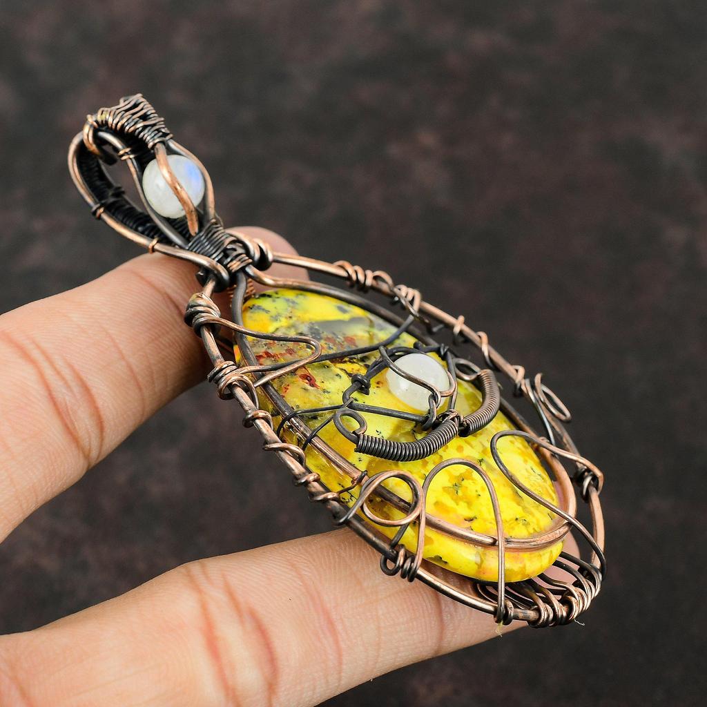 Böser Blick Gelber Dendrit Opal Anhänger Kupferdraht gewickelter Anhänger Regenbogen Mondstein Edelsteinschmuck Handgefertigter Anhänger Böser Blick Drahtschmuck