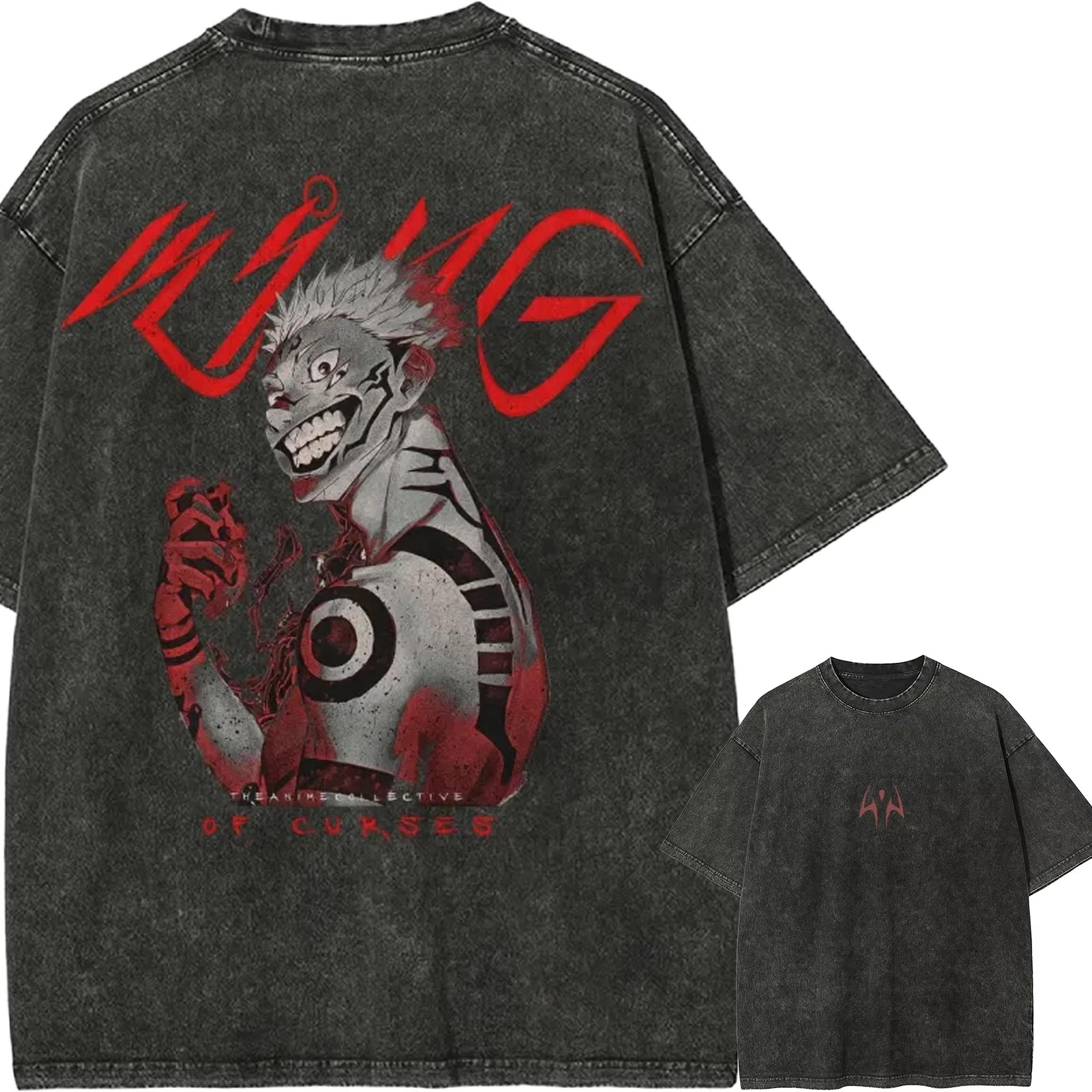 

Ryomen Sukuna Heart Tshirt Jujutsu Kaisen Tee Vintage Washed cotton Retro Anime Harajuku Streetwear King of Curses Men Top L