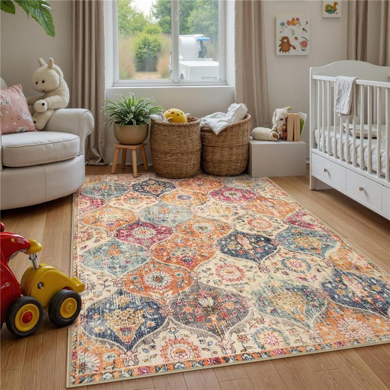 Covor Lavabil Moroccan Trellis 2x1.4m Covoare de Baie Antiderapante Covoraș de Interior pentru Ușă Covor Oriental Mare pentru Dormitor Intrare Covoraș de Rugăciune Crem/Multi