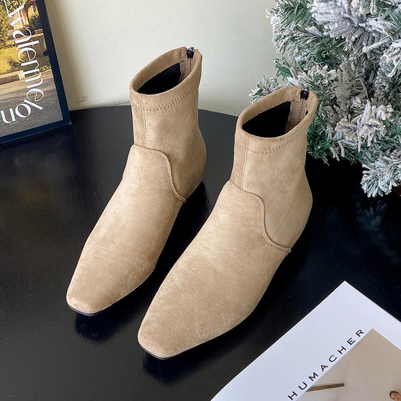 French retro square head flat bottom thin boots women's 2025 new versatile comfortable rear zipper western cowboy boots