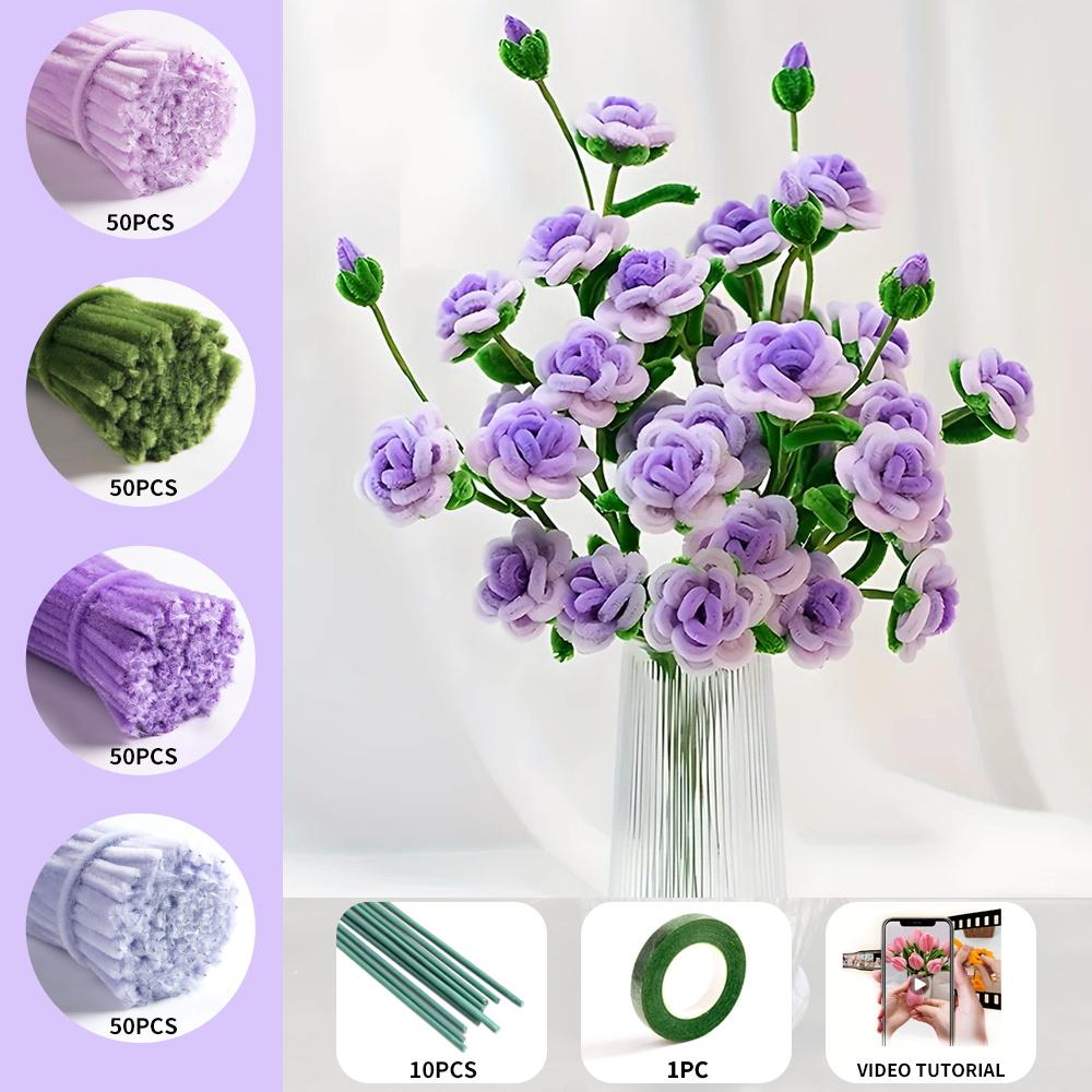 211 Mehrköpfiges Rosen-Pfeifenreinigerset, bestehend aus 200 Pfeifenreinigern, 10 Blumendrahtstielen, 1 Rolle Klebeband, verbessertes DIY-Bastelset