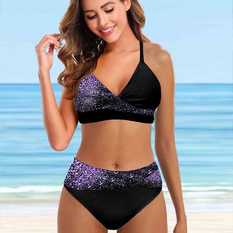 Women's Shoulder Strap Swimsuit Half Sequin Gold Print Bikini Tankini Swimsuit