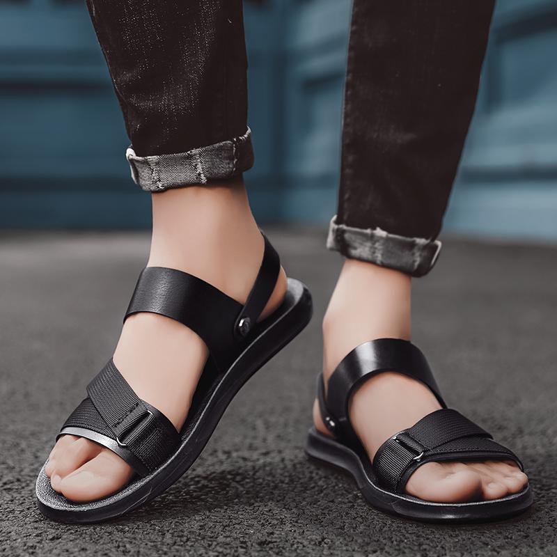 Men Casual Shoes Summer Beach Shoes Men Sandals Leather Black Sandals for Men Outdoor Soft Casual Shoes Flats Shoes Men Slipper
