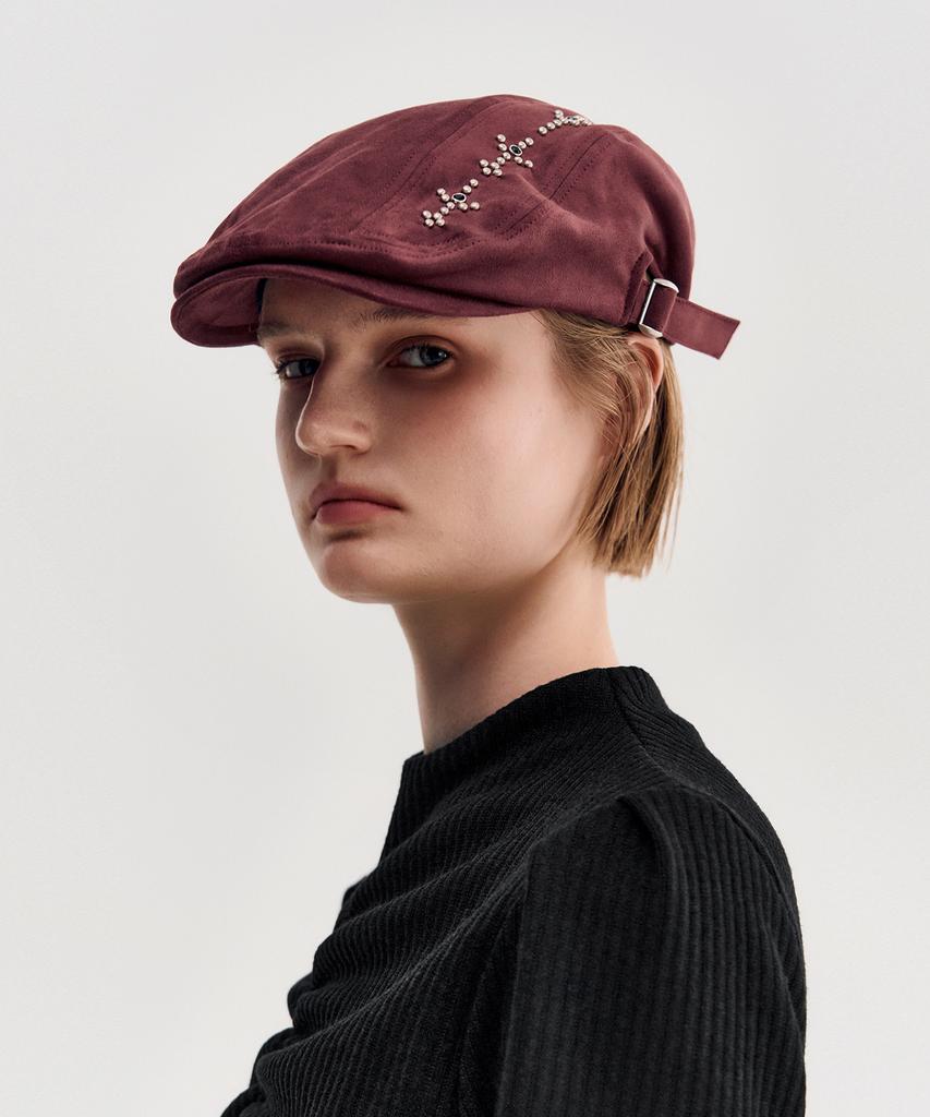Kimjisu Studded Suede Hunting Cap _ Burgundy