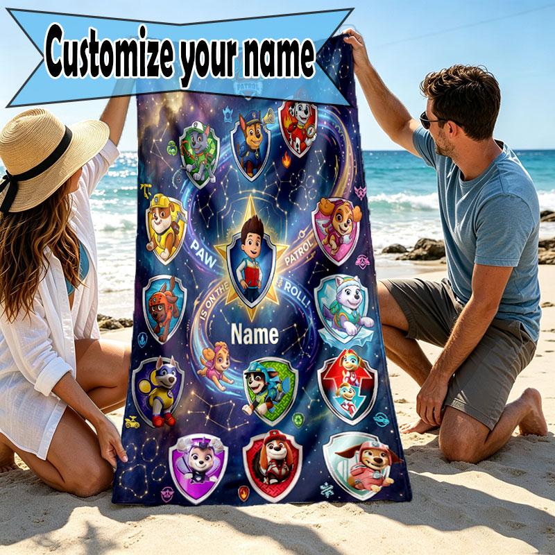 Custom Name Personalized PAW Patrol Print Beach Towel, for Trip Camping Beach Party Home Decor, Birthday Gift for Family & Friends