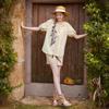 Women's Embroidered Linen Blend Puff Sleeve Top