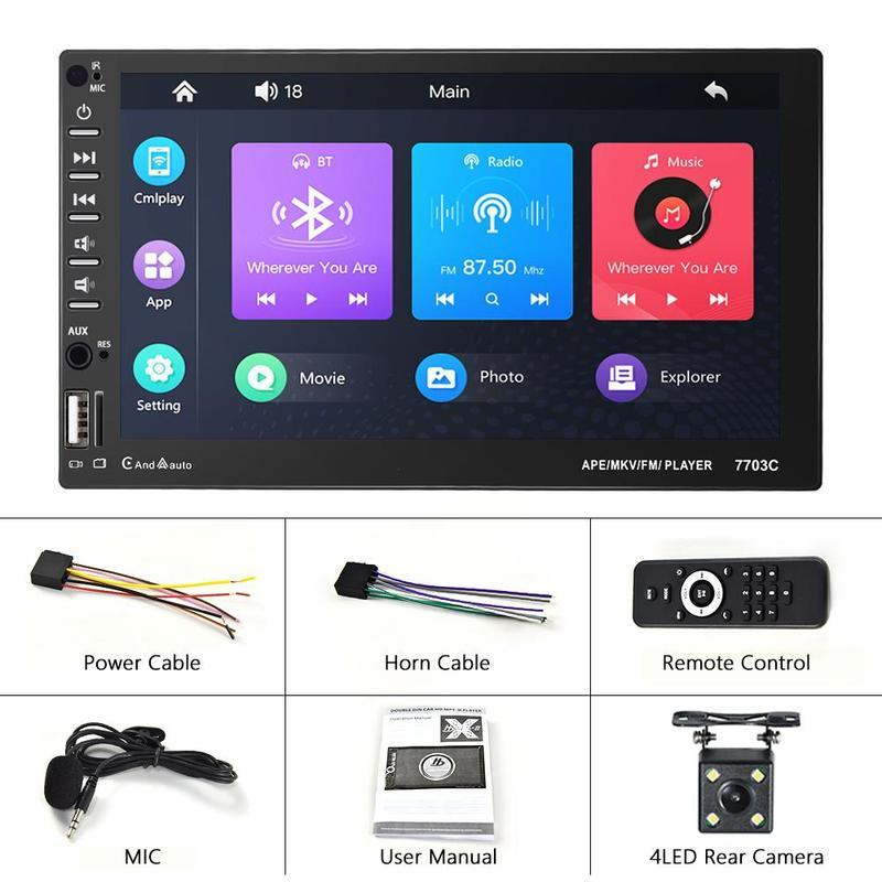 

2 Din 7-дюймовый автомобильный радиоприемник, авторадио, Carplay, Android, автомобильный MP5-плеер, HD сенсорный экран, Bluetooth, FM, USB, зеркальная связь, задний вид, SWC DVR with 4LED camera