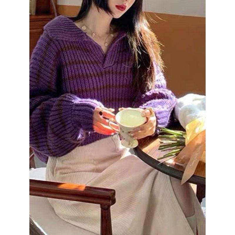 New Fall Women's Clothing Stripes Sweater Stylish Niche Style Knitwear Loose Outer Wear Small Short Tops