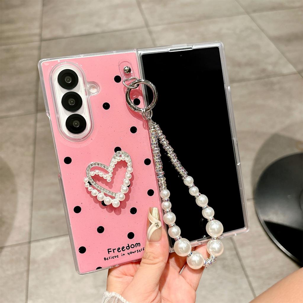For Samsung Galaxy Z Fold7 5G Case Glitter DIY Heart Charm Phone Cover with Wrist Strap