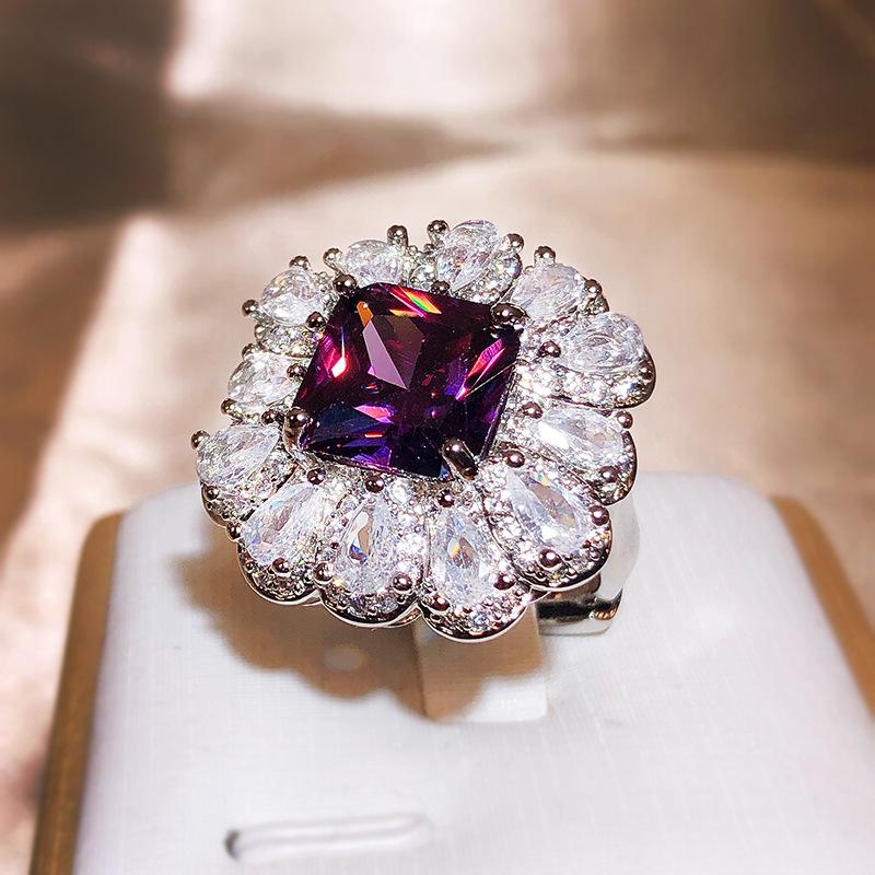Luxury  Copper Brilliant Purple Square Master Zircon Ring Female Inlaid With Water Drop Full Diamond Ring Party Wedding Gift