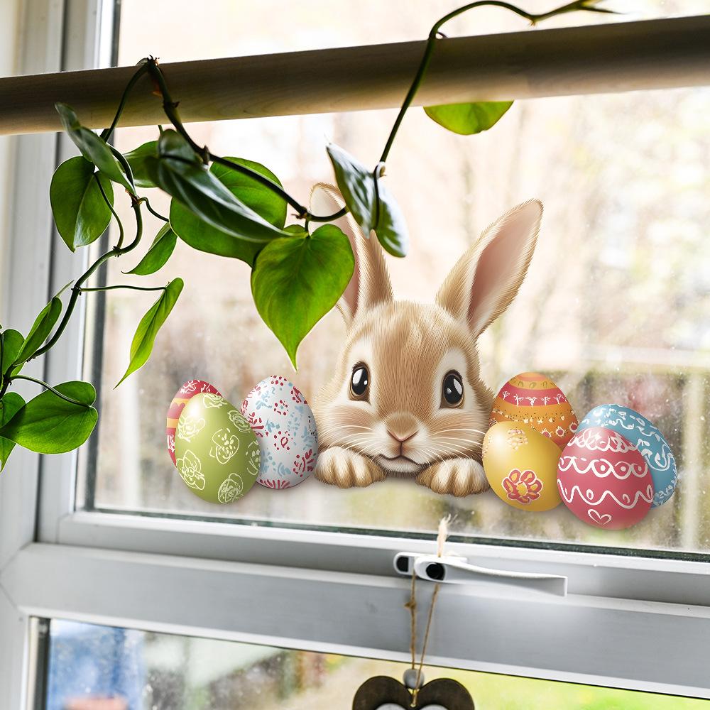 Cute Rabbit Easter Eggs Balcony Glass Window Background Beautification Decoration Window Stickers