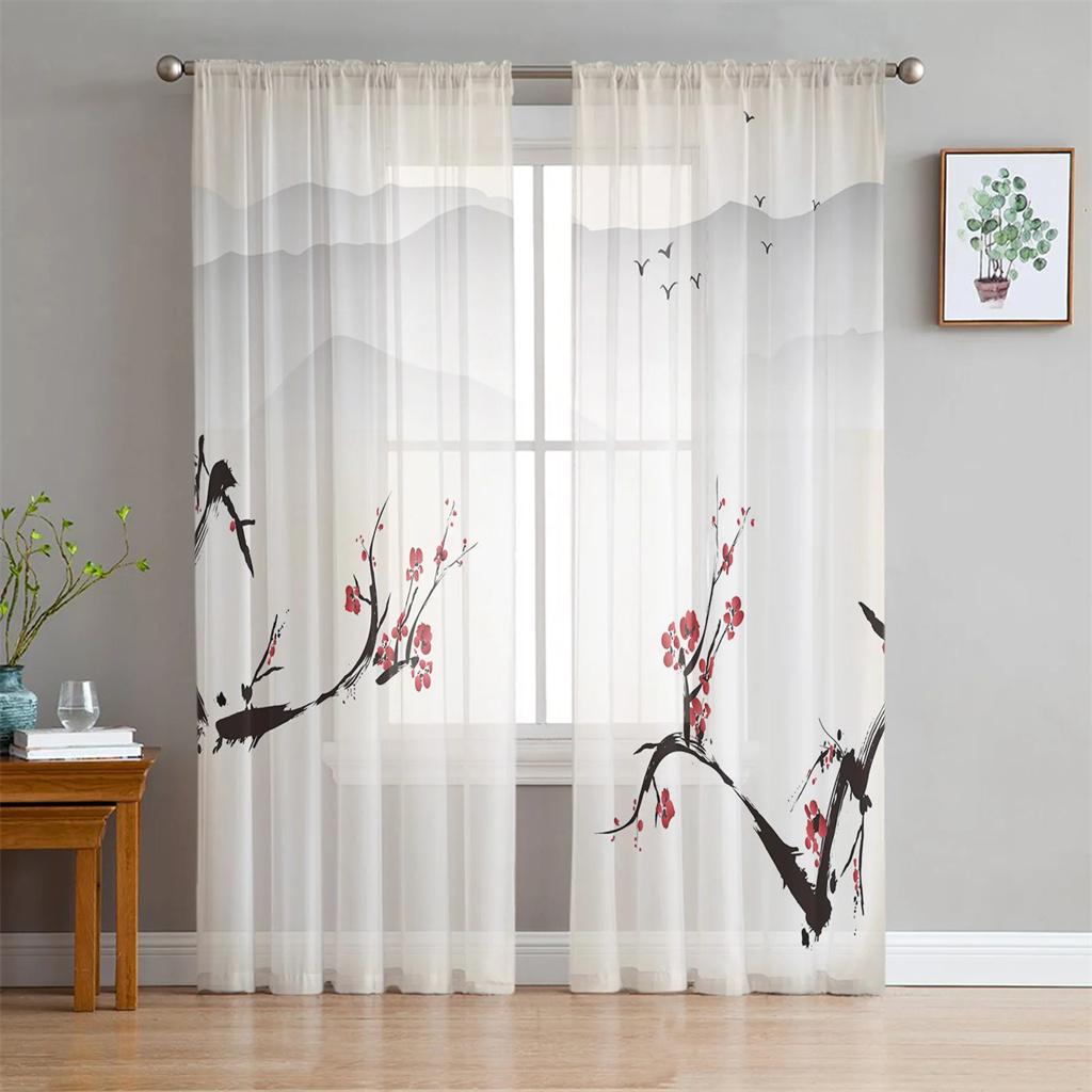 Plum Blossom Bird Chinese Style Tulle Translucent Drapes for Living Room Decoration Window Opening Drape for Bedroom Voile Organza Drapes