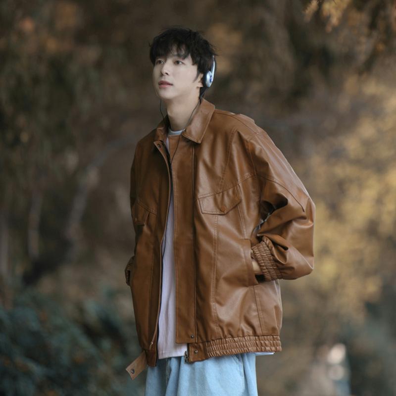 American retro brown leather jacket male ruffian handsome PU leather flight jacket hiphop locomotive jacket