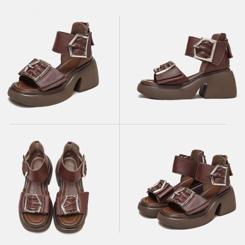 Johnature Genuine Leather Peep Toe High Heel Sandals Women Retro Comfortable Breathable Thick Sole Shoes