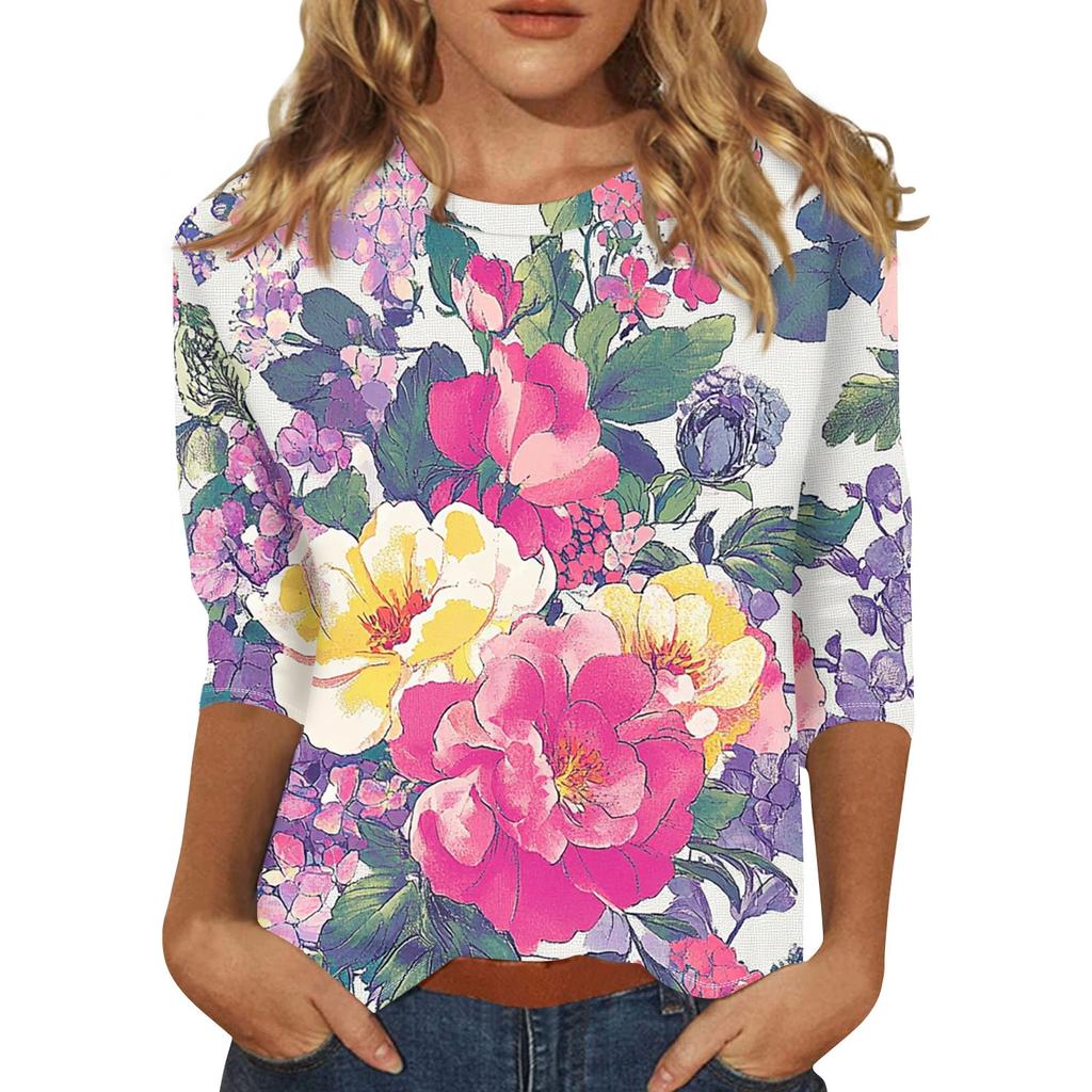 Women's Fashion Casual Three-quarter Sleeve Floral Print Round Neck Top