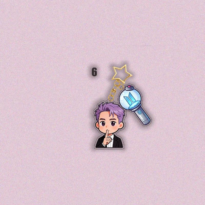 7pcs BTS Cartoon Suit Acrylic Keychain, Bangtan Boys Cartoon Figure with Army Bomb & Star Charm, Kpop ARMY Fans Bag Pendant