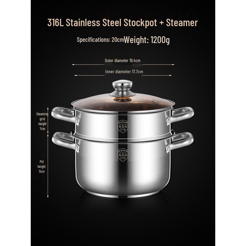 2025 Three-Layer 316 Stainless Steel Steamer & Soup Pot for Induction & Gas Stoves