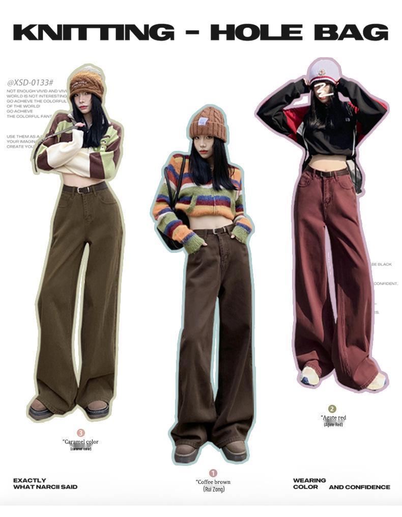 Maillard Women's Retro Brown Wide-Leg High-Waist Jeans, Plus Size, Floor-Length, Spring/Autumn 2025