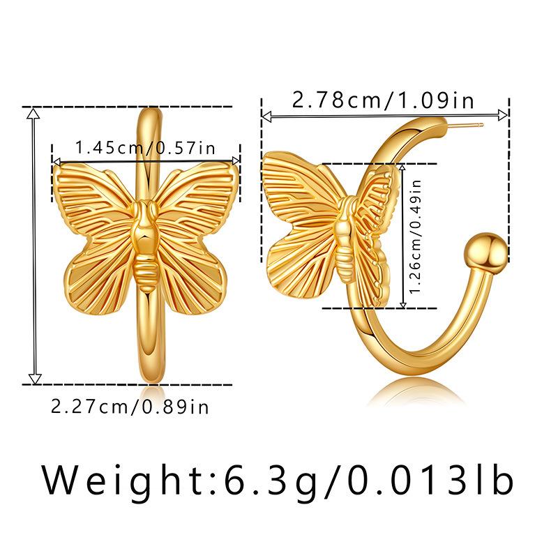 Simple C Shaped 18k Gold Plated Copper Butterfly Animal Stud Earrings For Women