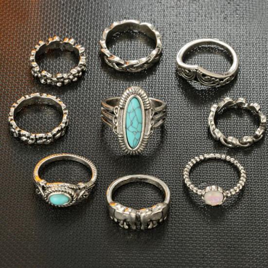 9Pcs/Set Boho Stack Elephant Flower Faux Turquoise Midi Finger Knuckle Rings