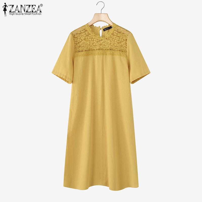 ZANZEA Abito Tunica Casual Vintage da Donna con Scollo Rotondo e Maniche Corte con Patchwork di Pizzo