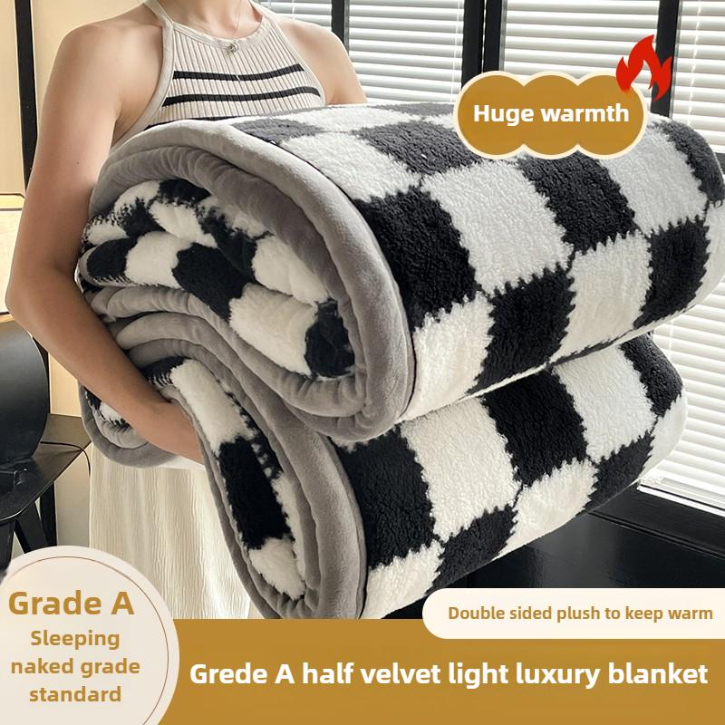 Checkerboard Grade A Half Side Fleece Warmth Blanket Spring Autumn Keep Warm Sofa Blankets For Throw Soft Napping Shawl Blanket