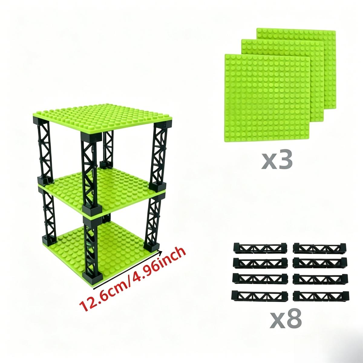 IDEAMOC 3 stuks Plinten en 8 stuks Zwarte Pilaren Bouwsteen Set DIY Montagespeelgoed Speelsets 12,6*12,6cm Basisplaat Zwarte Pilaren Assortiment lichtgroene kleur
