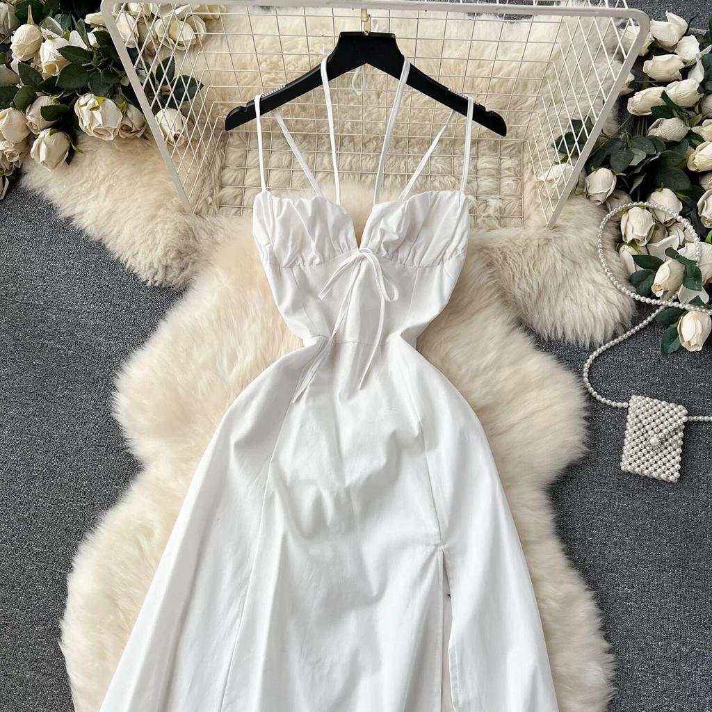 Scheming Hanging Neck Dress Sexy V-neck Slim fit Long over-the-Knee Split Suspender Dress Trip Shoot Holiday Sle Dress