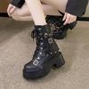 Womens Leather Punk Boots Fashion Designer Belt Buckle Rivet Thick Sole Motorcycle Boots High Top Platform Ankle Boots for Women