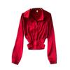 Spring French Design Sense Elegant Shirt Women Aesthetic Elastic Belt Waist Slim Short Blouse Female New Fashion Solid Retro Shirt Joker