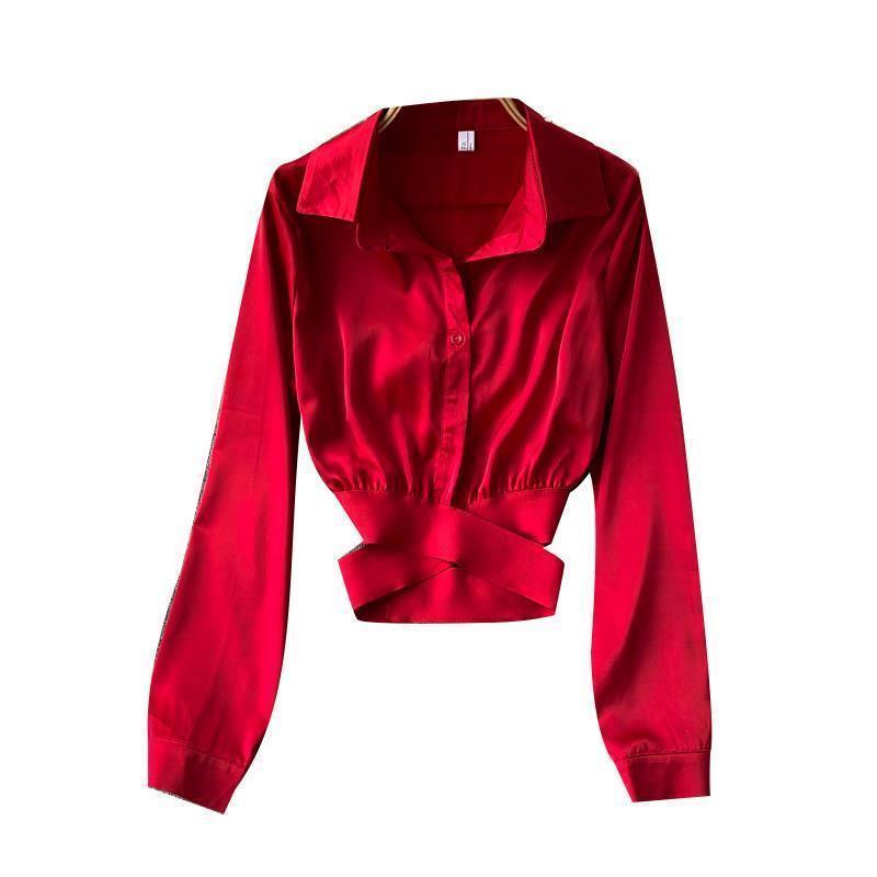 Spring French Design Sense Elegant Shirt Women Aesthetic Elastic Belt Waist Slim Short Blouse Female New Fashion Solid Retro Shirt Joker