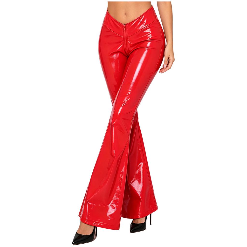 High Waist Shiny PU Leather Bell Bottom Pants with V-Front Zip Crotch for Women Rave Party Club Streetwear